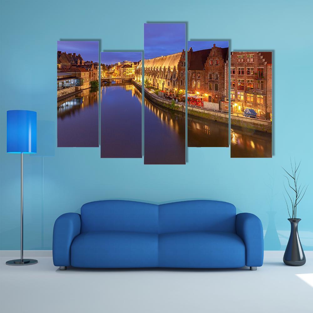 Ghent City At Sunset Canvas Wall Art-5 Pop-Gallery Wrap-47" x 32"-Tiaracle