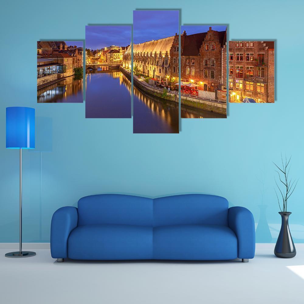 Ghent City At Sunset Canvas Wall Art-5 Star-Gallery Wrap-62" x 32"-Tiaracle