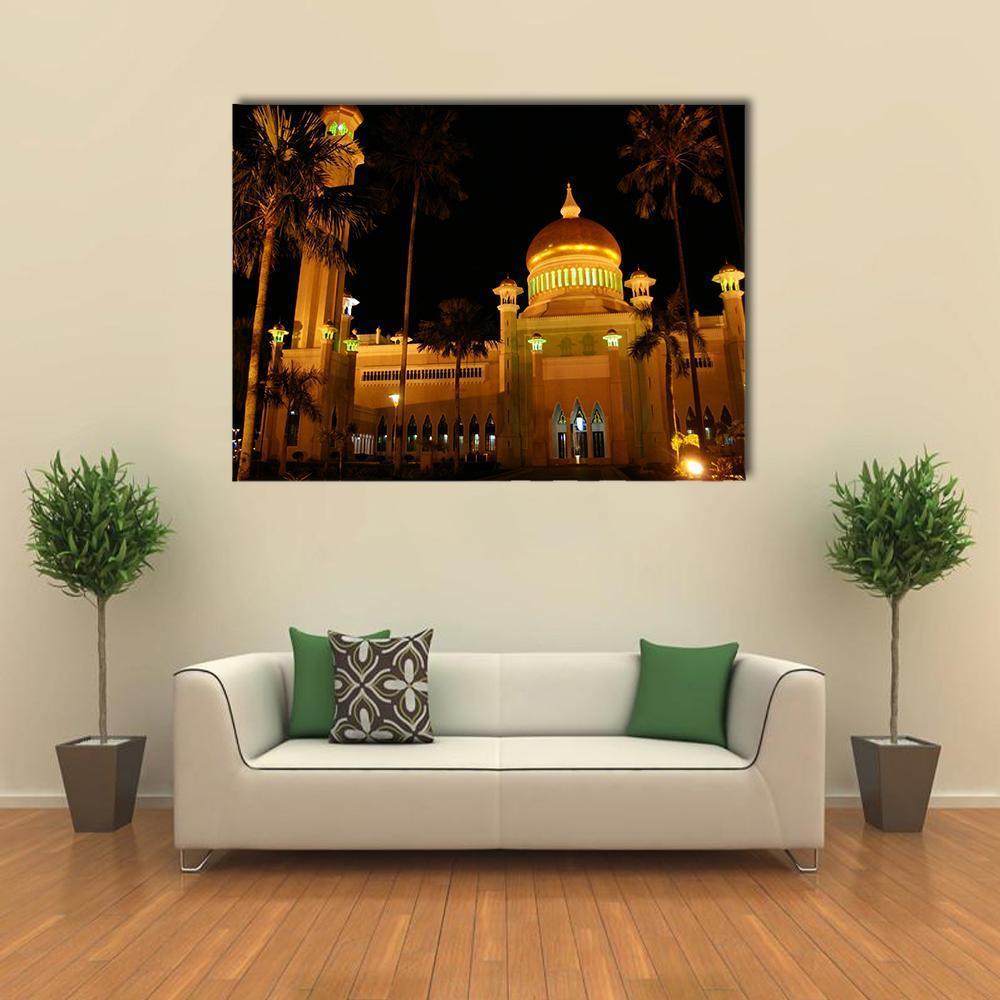 Golden Dome Mosque at Night Canvas Wall Art in black, gold and yellow, single panel hung on a wall