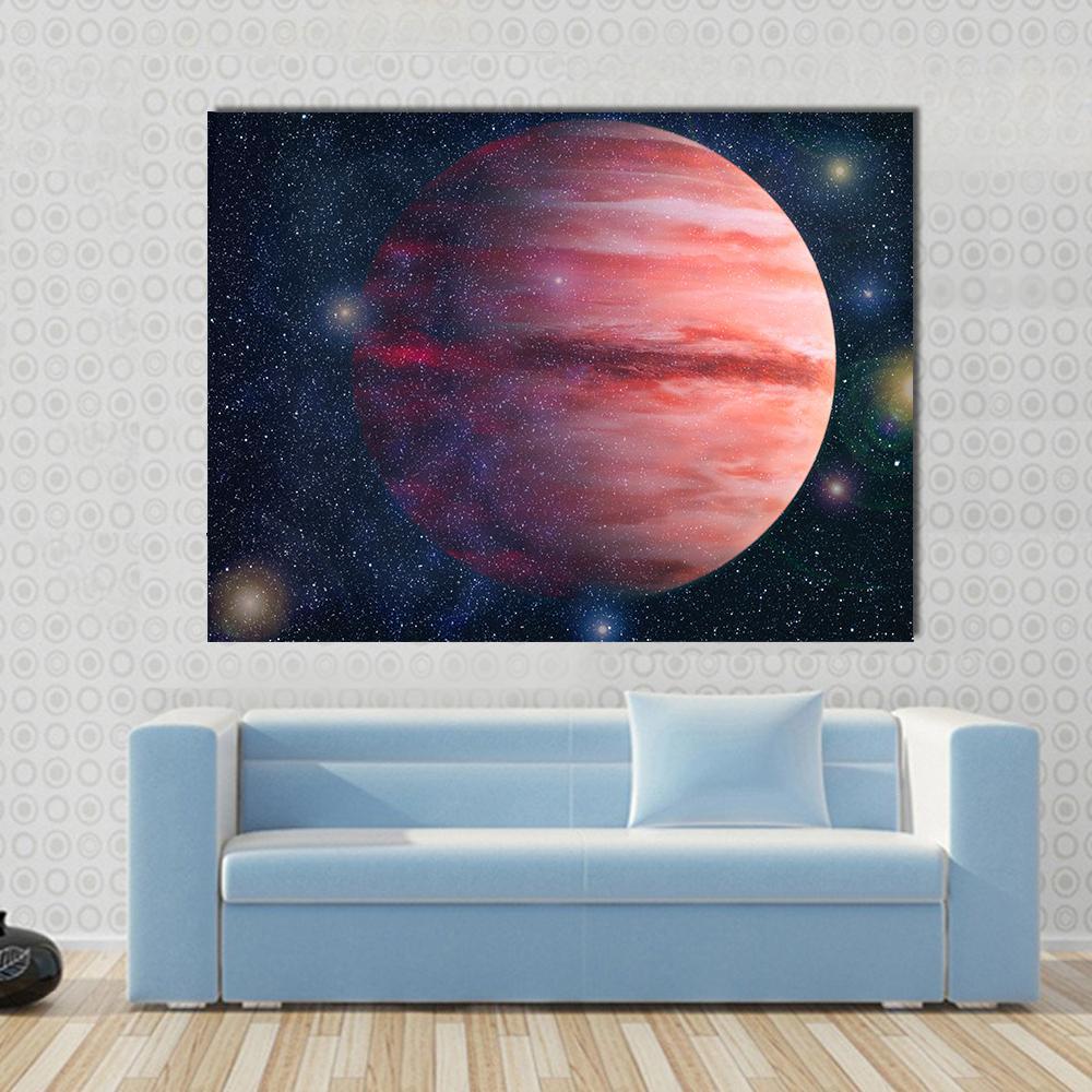 Giant Red Gas Planet Canvas Wall Art in black, red and blue, single panel hung on a wall