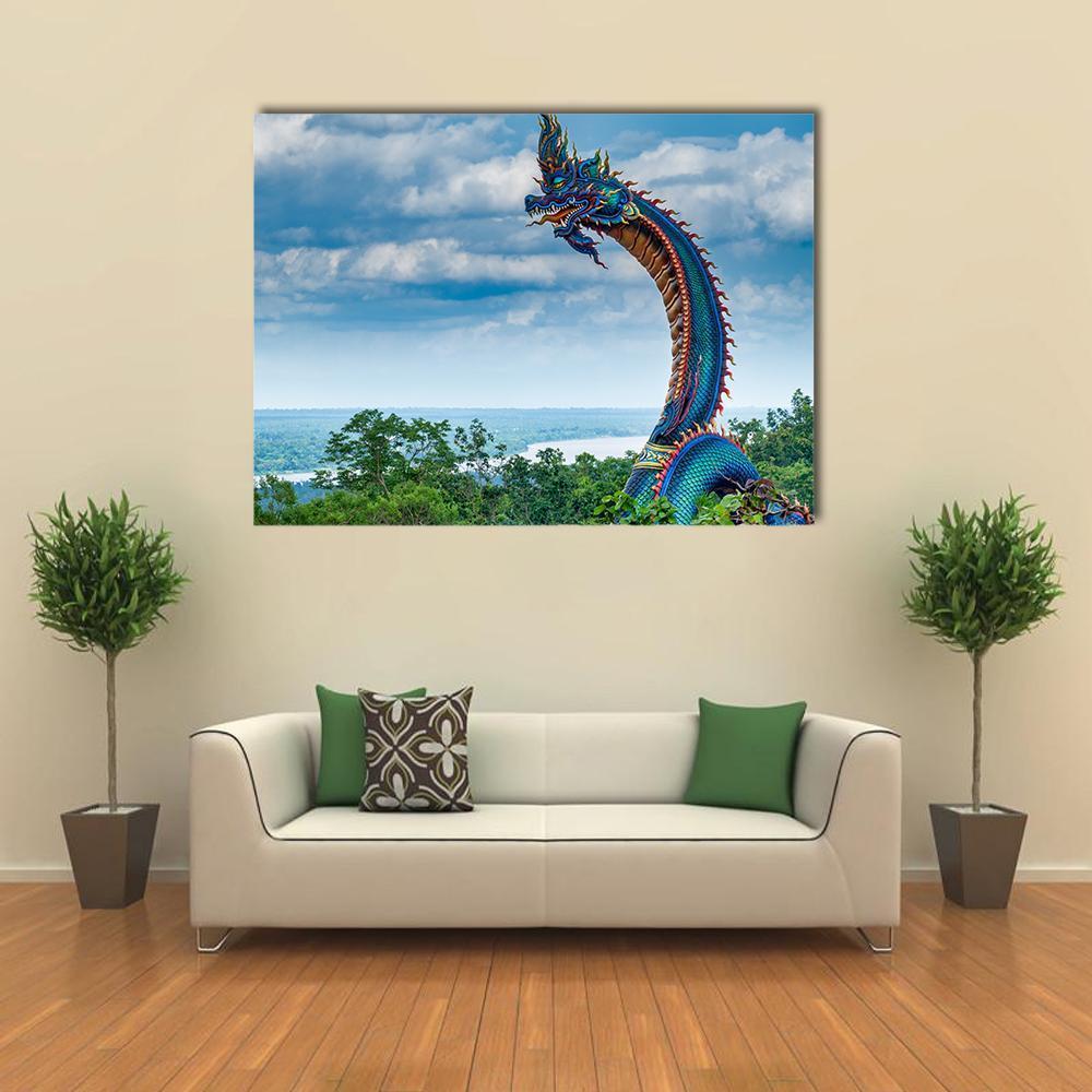 Giant Thai Naga Statue Canvas Wall Art in white, green and blue, single panel hung on a wall