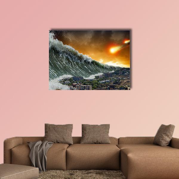 Giant Tsunami Waves Canvas Wall Art in gray, orange and blue, single panel hung on a wall