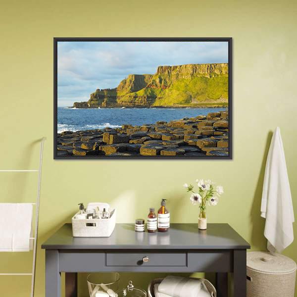 Giant's Causeway, Antrim Canvas Wall Art in gray, green and blue, framed canvas, product view on a white background