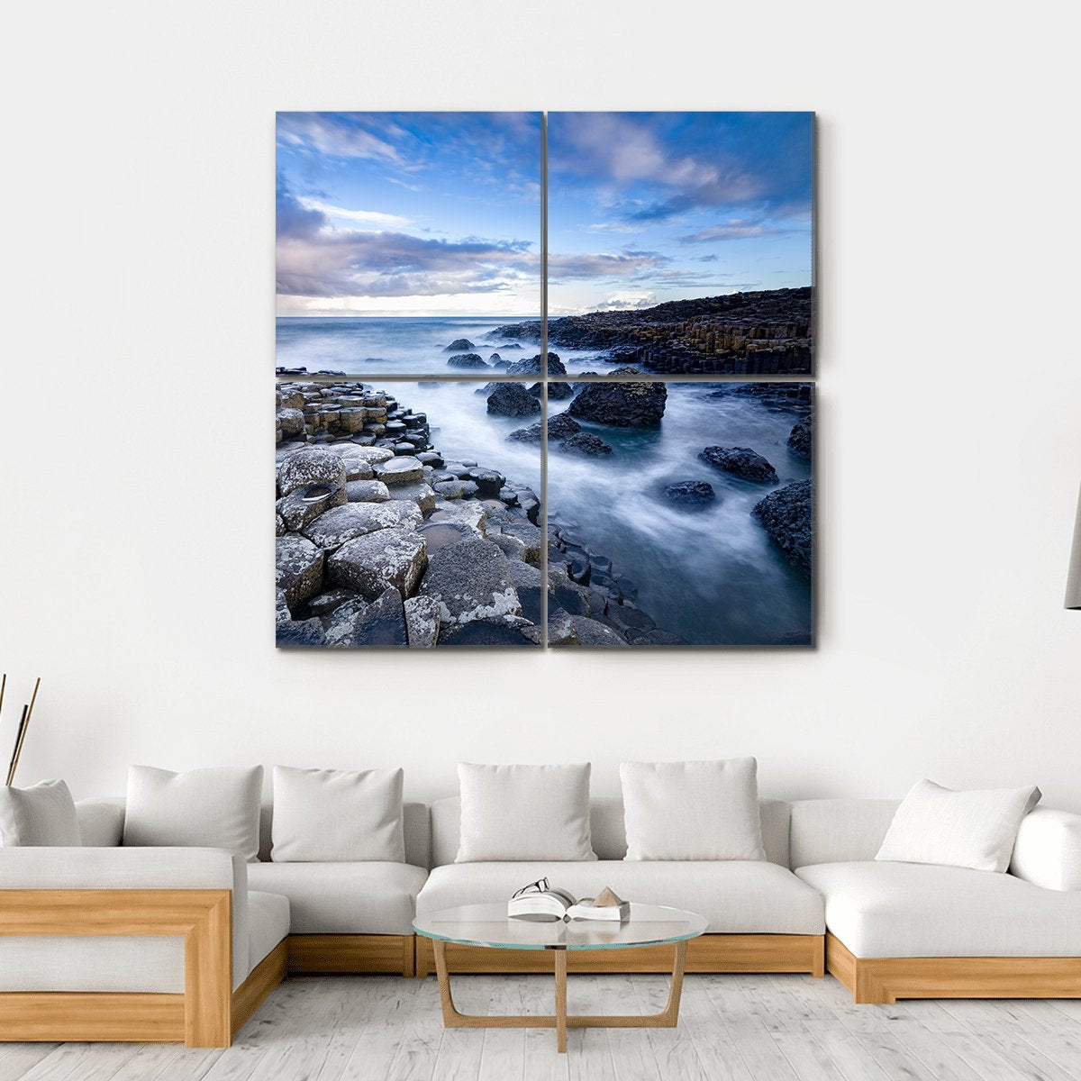 Giant's Causeway Basalt Columns, Ireland Canvas Wall Art in black, gray and blue, hung on a wall