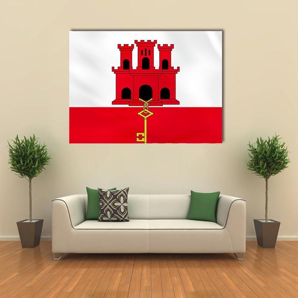 Gibraltar Flag with Castle and Key Canvas Wall Art in white, red and yellow, single panel hung on a wall