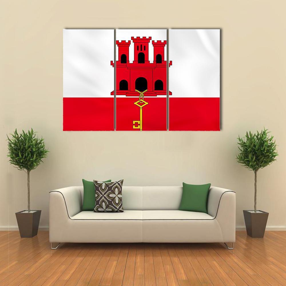 Gibraltar Flag with Castle and Key Canvas Wall Art in white, red and yellow, 3 panel horizontal set hung on a wall