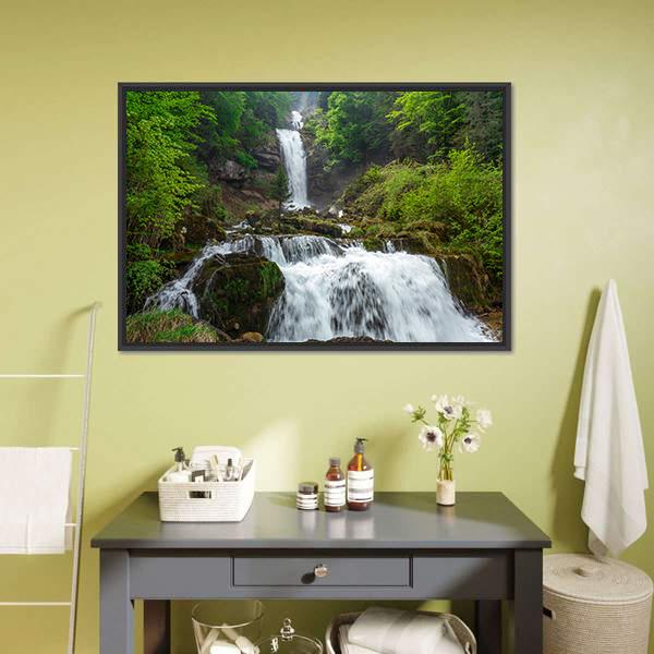 Giessbach Waterfall Canvas Wall Art-1 Piece-Floating Frame-24" x 16"-Tiaracle