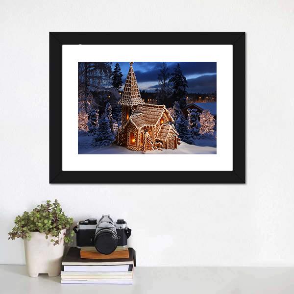 Gingerbread Church In Christmas Night Canvas Wall Art-1 Piece-Framed Print-30" x 20"-Tiaracle