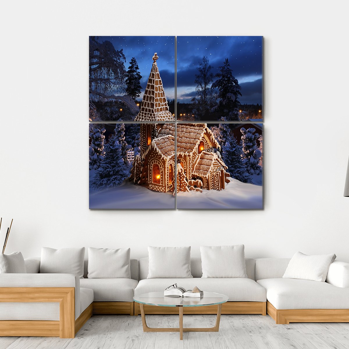 Gingerbread Church In Christmas Night Canvas Wall Art-4 Square-Gallery Wrap-17" x 17"-Tiaracle