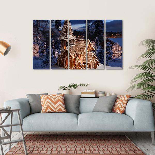 Gingerbread Church In Christmas Night Canvas Wall Art-5 Horizontal-Gallery Wrap-22" x 12"-Tiaracle