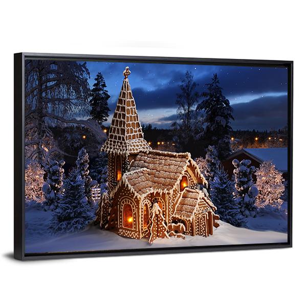 Gingerbread Church In Christmas Night Canvas Wall Art-3 Horizontal-Gallery Wrap-25&quot; x 16&quot;-Tiaracle