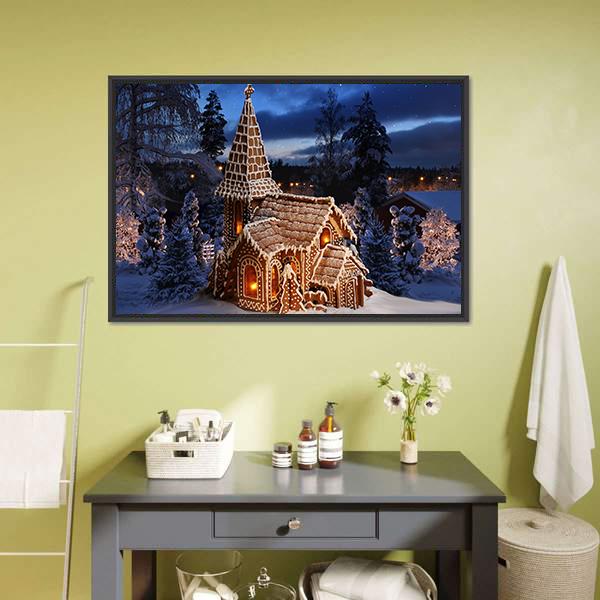 Gingerbread Church on Christmas Night Canvas Wall Art in white, brown and blue, framed canvas, product view on a white background