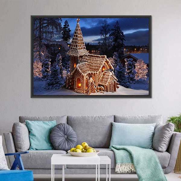 Gingerbread Church In Christmas Night Canvas Wall Art-3 Horizontal-Gallery Wrap-25" x 16"-Tiaracle