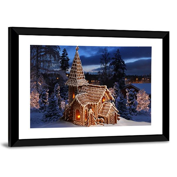 Gingerbread Church In Christmas Night Canvas Wall Art-5 Horizontal-Gallery Wrap-22" x 12"-Tiaracle