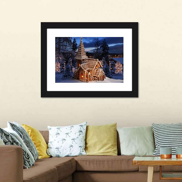 Gingerbread Church In Christmas Night Canvas Wall Art-3 Horizontal-Gallery Wrap-25&quot; x 16&quot;-Tiaracle
