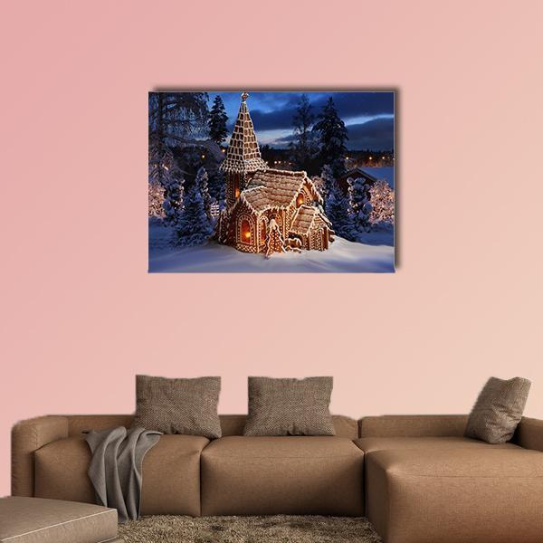 Gingerbread Church on Christmas Night Canvas Wall Art in white, brown and blue, single panel hung on a wall