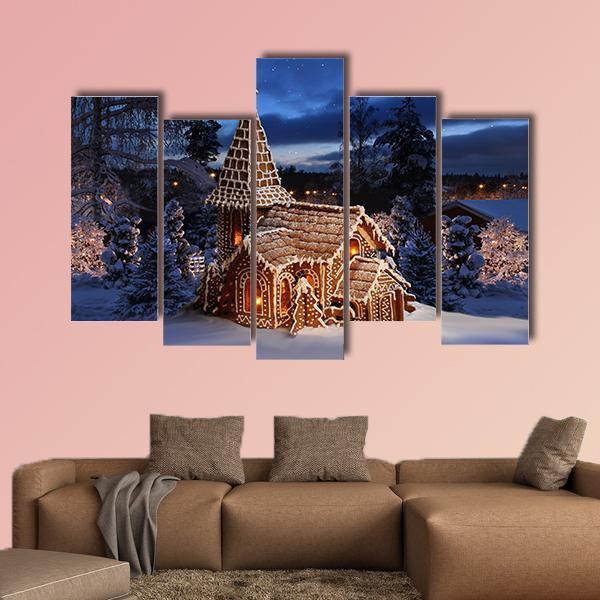 Gingerbread Church In Christmas Night Canvas Wall Art-5 Pop-Gallery Wrap-47&quot; x 32&quot;-Tiaracle