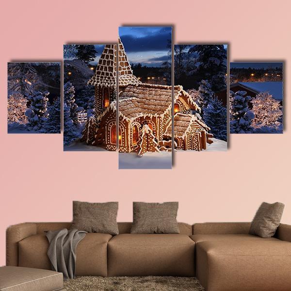 Gingerbread Church In Christmas Night Canvas Wall Art-5 Star-Gallery Wrap-62&quot; x 32&quot;-Tiaracle