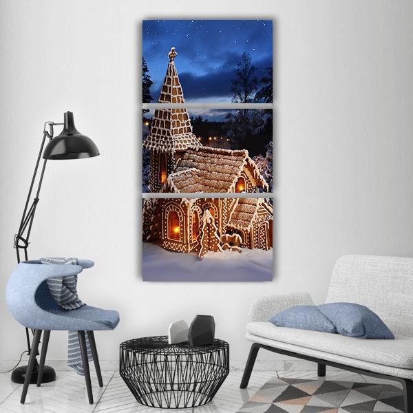 Gingerbread Church In Christmas Night Vertical Canvas Wall Art-3 Vertical-Gallery Wrap-12" x 25"-Tiaracle