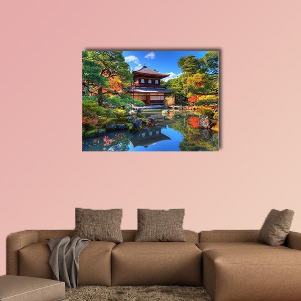 Ginkaku-ji Temple Autumn Reflection Canvas Wall Art in brown, green and blue, single panel hung on a wall