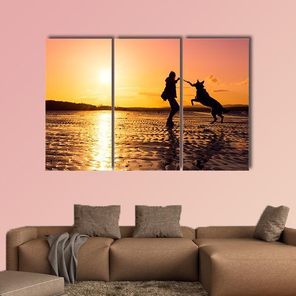 Girl Playing With Dog At Beach Canvas Wall Art-3 Horizontal-Gallery Wrap-37" x 24"-Tiaracle