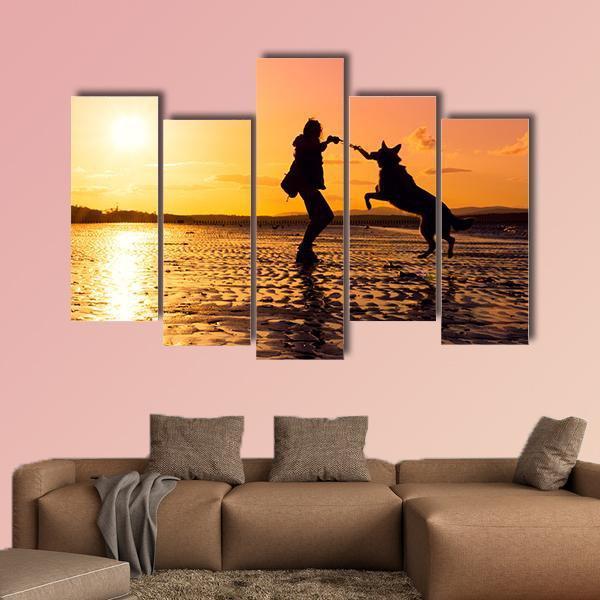 Girl Playing With Dog At Beach Canvas Wall Art-5 Pop-Gallery Wrap-47" x 32"-Tiaracle