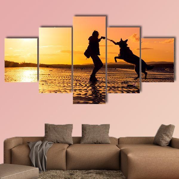 Girl Playing With Dog At Beach Canvas Wall Art-5 Star-Gallery Wrap-62" x 32"-Tiaracle