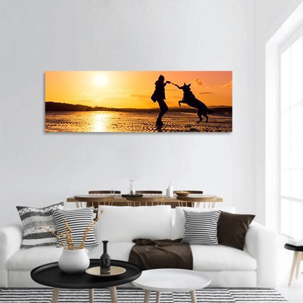 Girl Playing With Dog At Beach Panoramic Canvas Wall Art-1 Piece-36" x 12"-Tiaracle