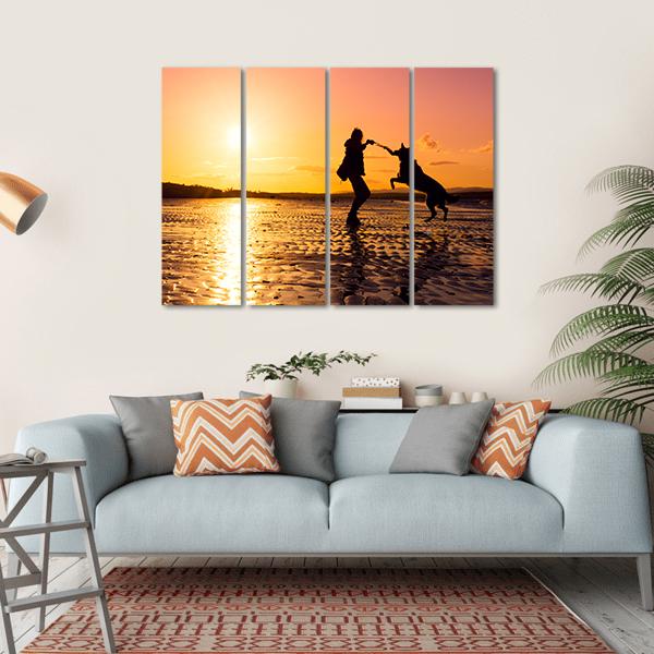 Girl Playing With Dog At Beach Canvas Wall Art-4 Horizontal-Gallery Wrap-34&quot; x 24&quot;-Tiaracle
