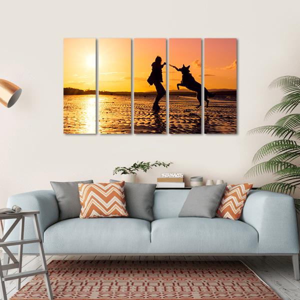 Girl Playing With Dog At Beach Canvas Wall Art-1 Piece-Gallery Wrap-36" x 24"-Tiaracle