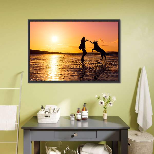 Girl Playing With Dog At Beach Canvas Wall Art-1 Piece-Floating Frame-24" x 16"-Tiaracle