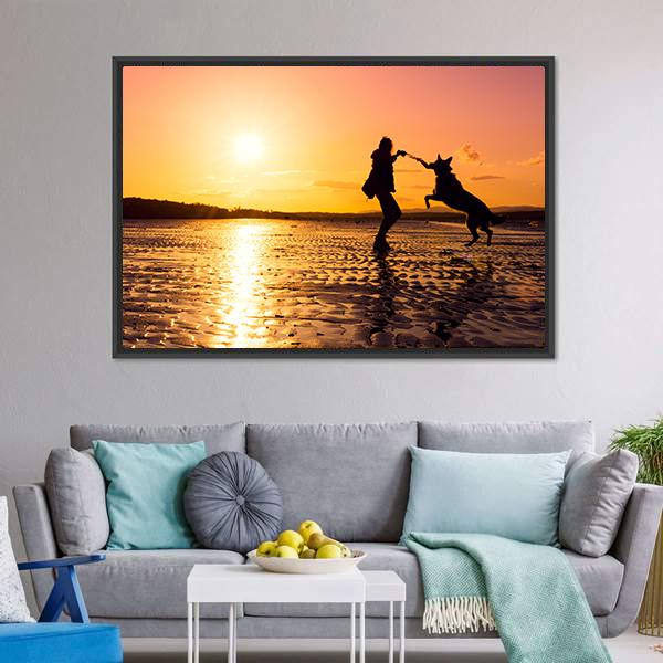 Girl Playing With Dog At Beach Canvas Wall Art-3 Horizontal-Gallery Wrap-25" x 16"-Tiaracle