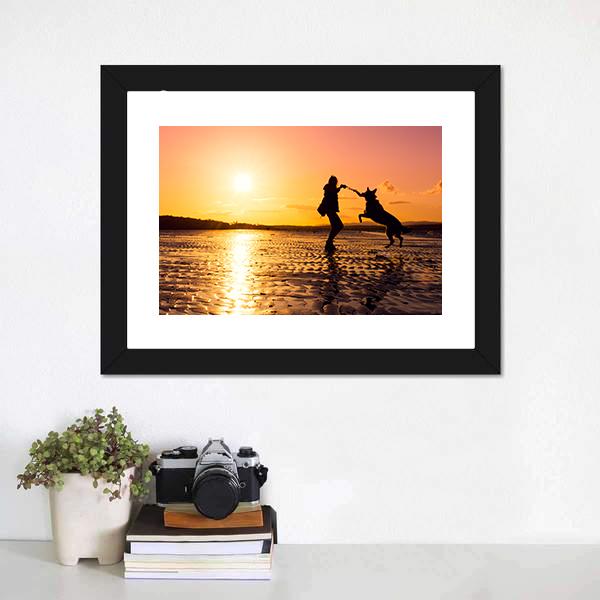 Girl Playing With Dog At Beach Canvas Wall Art-1 Piece-Framed Print-20" x 16"-Tiaracle