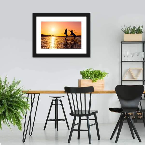 Girl Playing With Dog At Beach Canvas Wall Art-3 Horizontal-Gallery Wrap-25" x 16"-Tiaracle