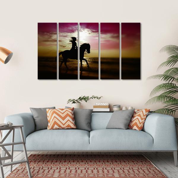 Girl Riding Horse On Beach Canvas Wall Art-5 Horizontal-Gallery Wrap-22" x 12"-Tiaracle