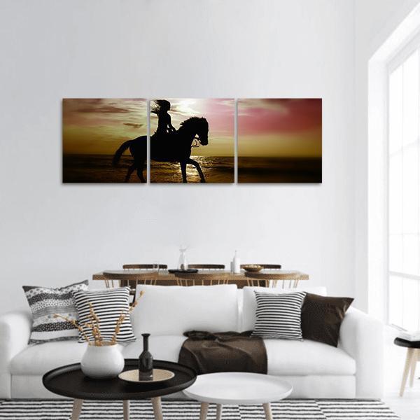 Girl Riding Horse On Beach Panoramic Canvas Wall Art-3 Piece-25" x 08"-Tiaracle