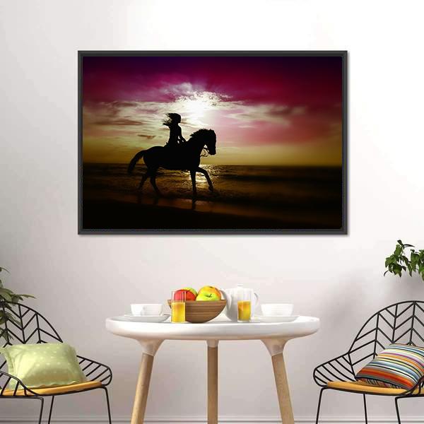 Girl Riding Horse On Beach Canvas Wall Art-5 Horizontal-Gallery Wrap-22" x 12"-Tiaracle