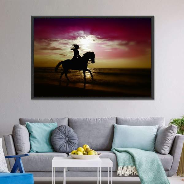 Girl Riding Horse On Beach Canvas Wall Art-5 Horizontal-Gallery Wrap-22" x 12"-Tiaracle