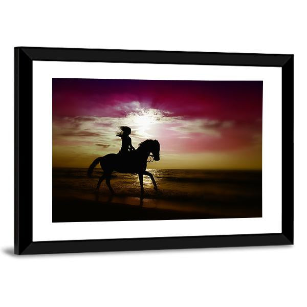 Girl Riding Horse On Beach Canvas Wall Art-5 Horizontal-Gallery Wrap-22" x 12"-Tiaracle
