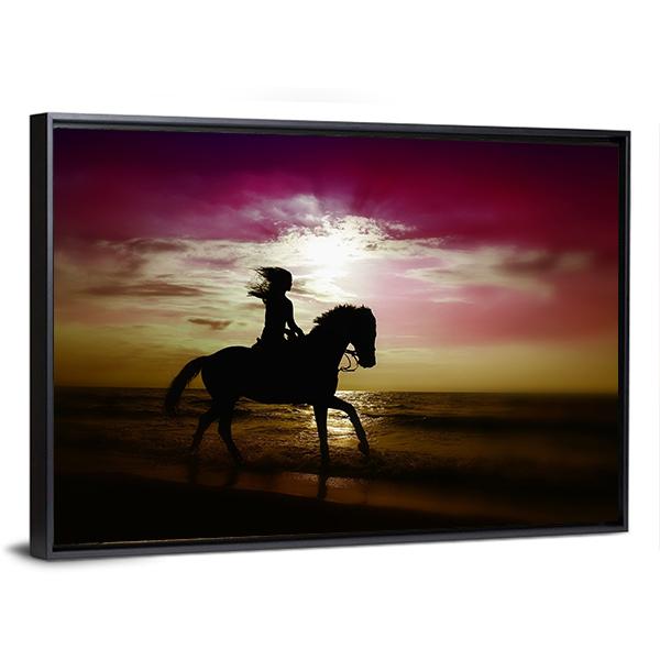 Girl Riding Horse On Beach Canvas Wall Art-5 Horizontal-Gallery Wrap-22" x 12"-Tiaracle