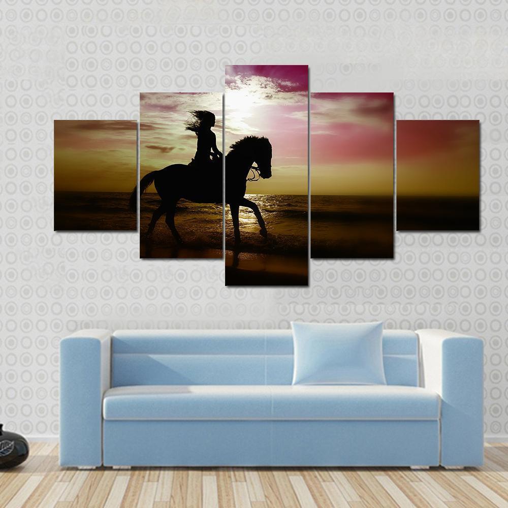 Girl Riding Horse On Beach Canvas Wall Art-1 Piece-Gallery Wrap-48" x 32"-Tiaracle
