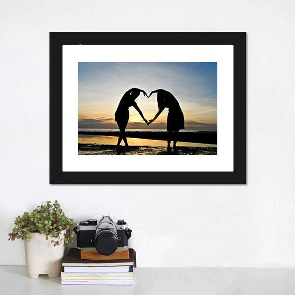 Girls Made Heart On Beach Canvas Wall Art-1 Piece-Framed Print-30" x 20"-Tiaracle