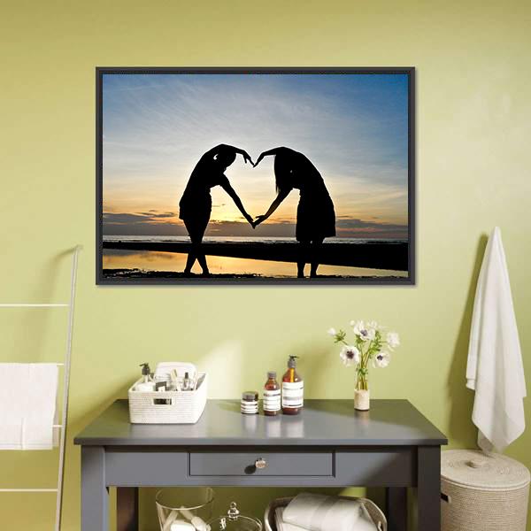 Girls Made Heart On Beach Canvas Wall Art-1 Piece-Floating Frame-36" x 24"-Tiaracle