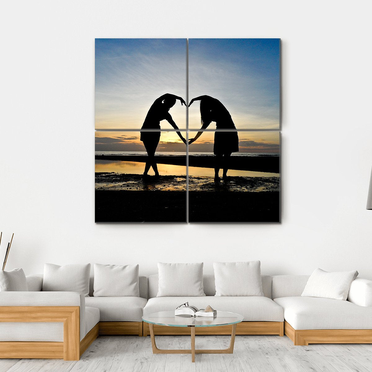 Girls Made Heart On Beach Canvas Wall Art-4 Square-Gallery Wrap-17" x 17"-Tiaracle