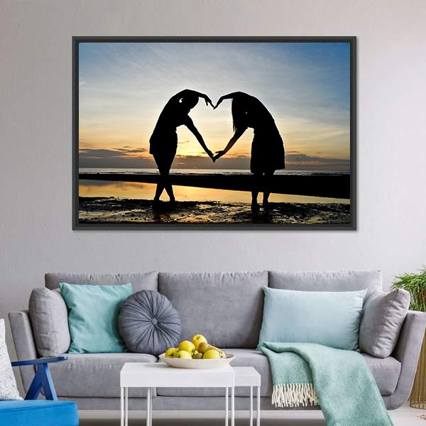Girls Made Heart On Beach Vertical Canvas Wall Art-3 Vertical-Gallery Wrap-12" x 25"-Tiaracle