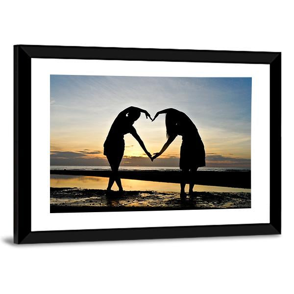 Girls Made Heart On Beach Vertical Canvas Wall Art-3 Vertical-Gallery Wrap-12" x 25"-Tiaracle