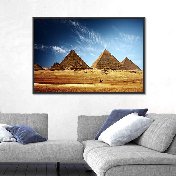 Giza Valley with Great Pyramids Canvas Wall Art in brown, yellow and blue, framed canvas, product view on a white background