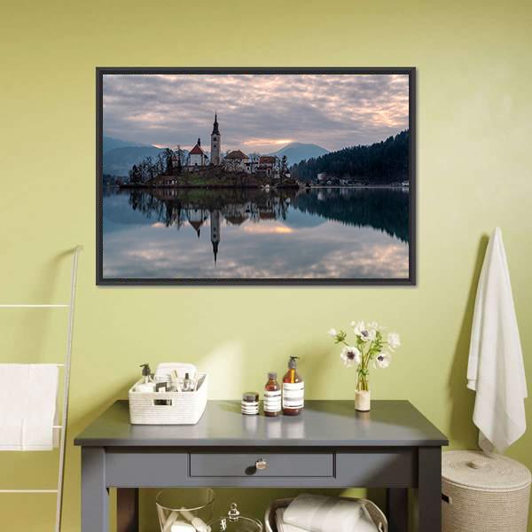 Glacial Lake Bled Reflection Canvas Wall Art in gray and blue, framed canvas, product view on a white background