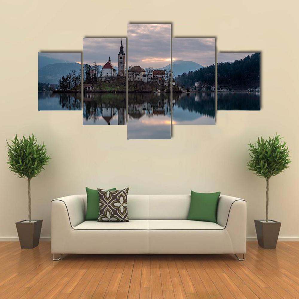 Glacial Lake Bled Canvas Wall Art-5 Star-Gallery Wrap-62" x 32"-Tiaracle