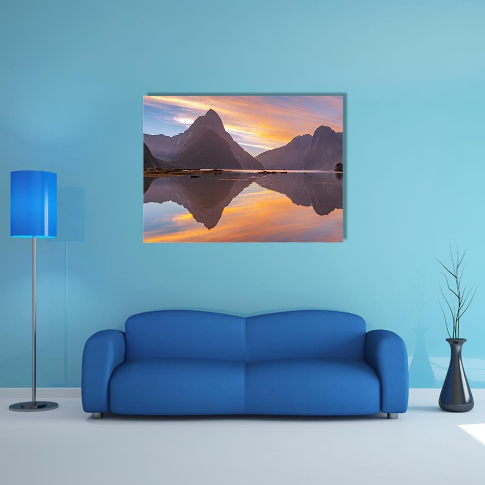 Glacier at Milford Sound Canvas Wall Art in orange, blue and purple, single panel hung on a wall